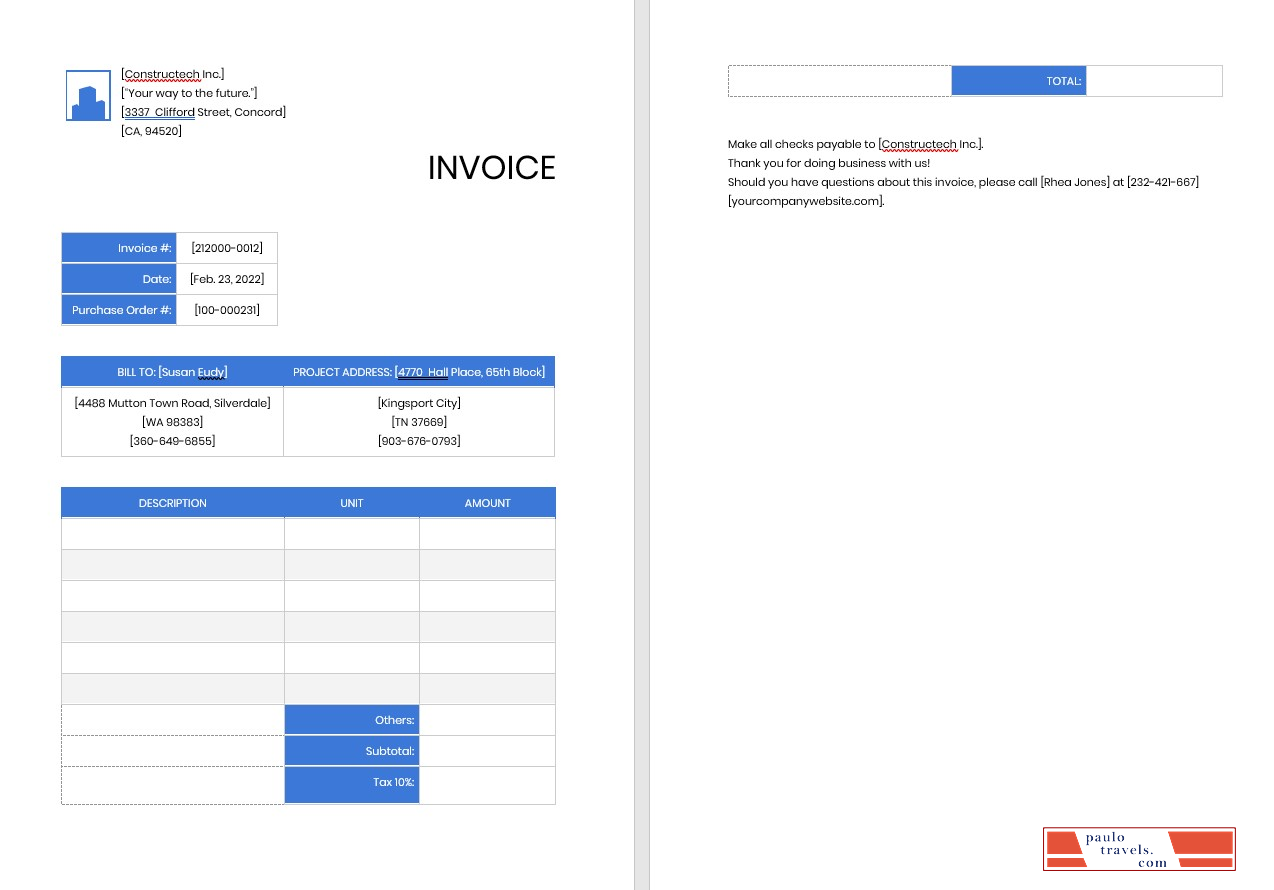Professional Contractor Invoice Template PSD template